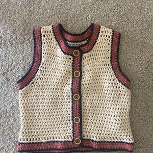 Re/Done Cream and Red Crochet Vest